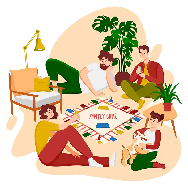 A família está a jogar um jogo de tabuleiro em casa.