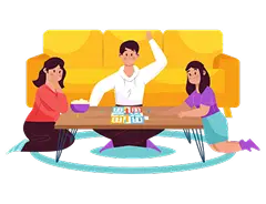A família está a jogar um jogo de tabuleiro no chão.